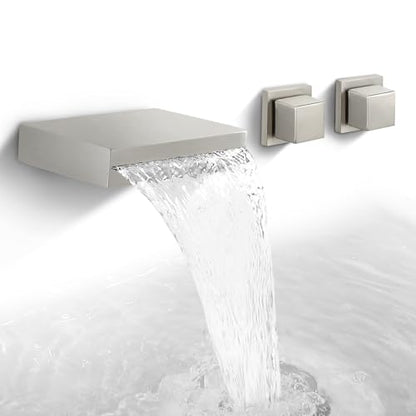 SKOWLL Wall Mount Bathroom Sink Faucet 3 Hole, 2 Handle Widespread Vanity Faucets, Waterfall Tub Filler, Solid Brass Rough in Valve, Brushed Nickel - color: Brushed Nickel