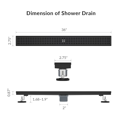 36 Inch Linear Shower Drain, Matte Black 304 Stainless Steel, CUPC Certified Floor Drain with Removable Grate, Hair Strainer and Leveling Feet - color: Black, size: 36''