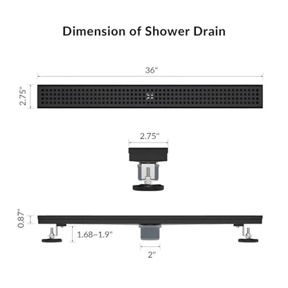 36 Inch Linear Shower Drain, Matte Black 304 Stainless Steel, CUPC Certified Floor Drain with Removable Grate, Hair Strainer and Leveling Feet - color: Black, size: 36''