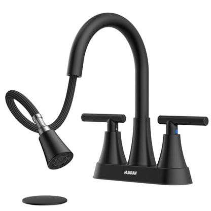 Centerset Bathroom Faucet with Pull Out Sprayer, 4 Inch 2 Handle Sink Faucet with Pop Up Drain, Stainless Steel Vanity Faucet with 2 Supply Hoses, Matte Black - color: Matte Black, size: 4 IN