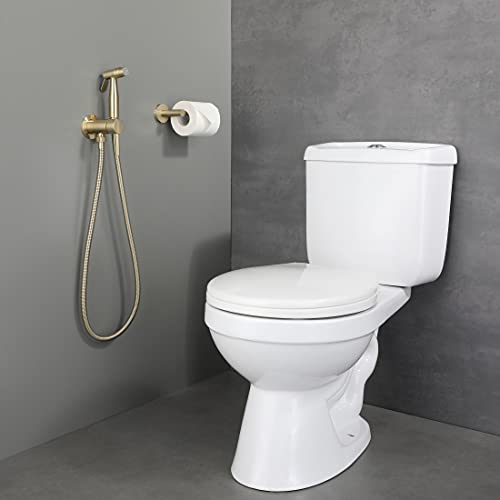 Handheld Bidet Sprayer Brushed Gold Warm Water, WiPPhs Stainless Steel Bidet Hand Held Sprayer for Toilet with Brass Hot and Cold Mixing Valve, WI9138BG | Wall Mount Stainless Steel Bidet Hand Held Sprayer with Brass Hot and Cold Mixing Valve, 47 Inches B