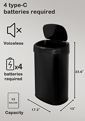 13 Gallon/50 L Kitchen Trash Can With Stainless Steel Touch-Free Lid, Automatic Motion Sensor Garbage Can for Bathroom, Brushed Finish - color: Black