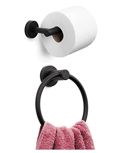 Marmolux Acc 2 PCS Matte Black Bathroom Hardware Set - Hand Towel Holder for Bathroom Wall + Black Toilet Paper Holder Wall Mount | Towel Holder Hanger Rack Stainless Steel Bathroom Set - Towel Rack - color: Matte Black, size: 2pc Bundle
