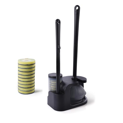 Eyliden Toilet Brush and Plunger Set, Disposable Wand Kit with 10 Refills | Pre-Soaked Concentrated Cleaner Sponge, Touch-Free, 2-in-1 Compact Holder, Powerful Suction Cup, Bathroom Cleaning System - color: Black