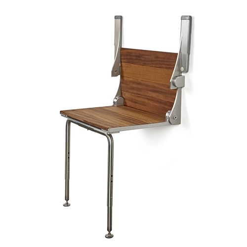 Silhouette Comfort Plus Folding Shower Seat with Armrests & Legs – Heavy-Duty Wall-Mounted Shower Bench, Teak Wood Seat with Silver Frame - color: Gray Frame, size: 18.73" x 15.25", style: Teak Wood