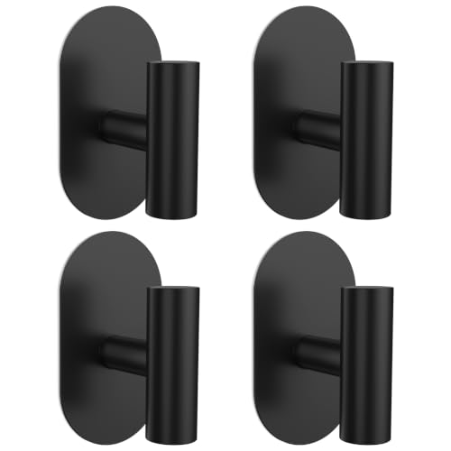 SetSail Adhesive Towel Hooks,Bathroom Black Towel Holder for Wall,4 Packs | Adhesive Hooks Heavy Duty,Coat Hanging No Drill,Stick on Hook,Matte Black Hooks,Oval Shower Towel Holder