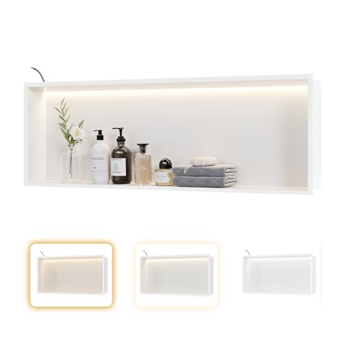 36"x12"White LED Shower Niche,3 CCT Dimmable Light, No Tile Needed | 304 Stainless Steel Bathroom Niche w/ Light(3000K/4000K/6000K), IP66 Waterproof, Space Saving & Durable ,LED Driver Included - color: White, size: 36X12In