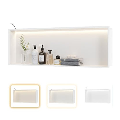 36"x12"White LED Shower Niche,3 CCT Dimmable Light, No Tile Needed | 304 Stainless Steel Bathroom Niche w/ Light(3000K/4000K/6000K), IP66 Waterproof, Space Saving & Durable ,LED Driver Included - color: White, size: 36X12In