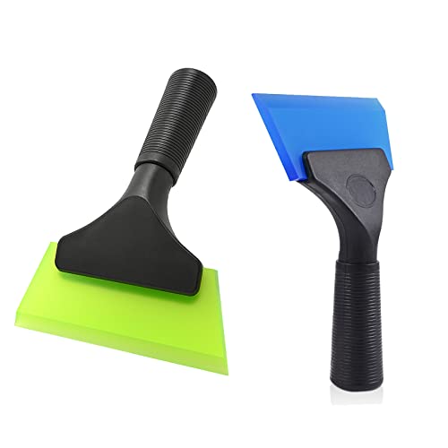 FOSHIO Small Squeegee with 5 Inch Dark Blue & Green Rubber Blade Mini Wiper Window Tinting Tools for Mirror Glass Window Cleaner with Non-Slip Handle, 2 Pack - color: With Green & Blue