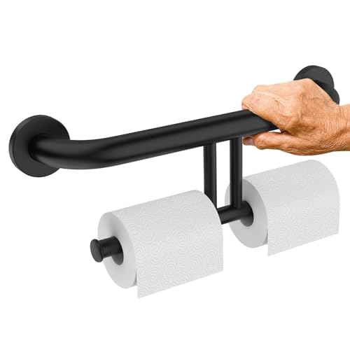 Black Grab Bar with Double Toilet Paper Roll Holder, Safety Toilet Bars | Stainless Steel Bathroom Grab Rail 17 Inch, Handicap Support Bar, Wall Mounted Assist Handle for Senior Elderly Injured - color: toilet paper grab bar - black, size: 17 inch