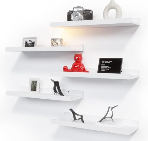 RICHER HOUSE 5-Set Floating Shelves with Lip, White Wall Mounted Wood Shelf | Display Picture Ledge Shelf, Anti-drop lip Shelf for Room Wall Decor, Bedroom Bathroom Storage Nursery Books, Easy Setup 16in - color: White