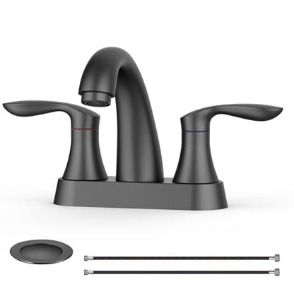 Bathroom Faucet, 4 Inch Bathroom Faucets for Sink 3 Hole, Centerset Bathroom Sink Faucet with Pop Up Drain and cUPC Lead-Free Hose(Matte Black) - color: Black, size: 4 inch 1 pack