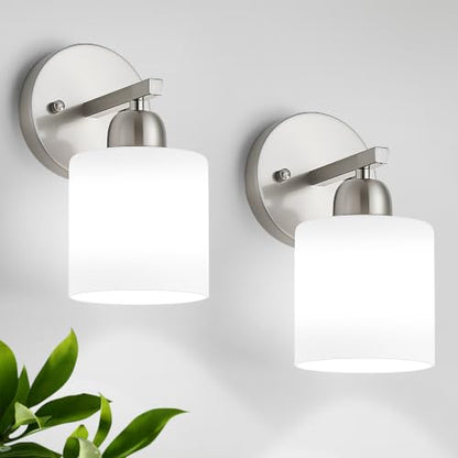 Brushed Nickel Bathroom Light, Anti-Rust Finish 2PCS Light Bathroom Vanity Light Brushed Nickel, Milky White Frosted Glass Shades, E26 Socket - color: Nickel & Milky White Glass, size: 1-light(2pack)