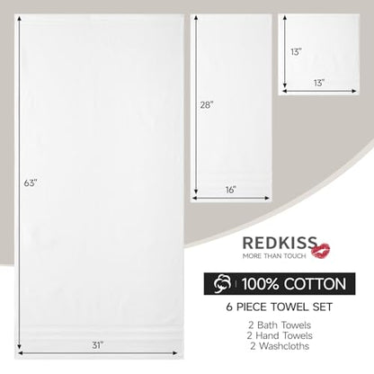 REDKISS 6 Piece Towel Set for Bathroom, 100% Cotton Hotel Collection, Soft Absorbent Quick-Dry, 700 GSM, White - color: White