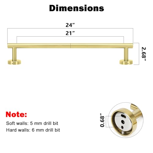 NearMoon Bath Towel Bar, Thicken Stainless Steel Shower Towel Rack Holder Wall Mounted for Bathroom, 24-lnch Overall Length-21-lnch Usable Hanging Space (1 Pack, Brushed Gold) - color: Brushed Gold, size: 24 Inch