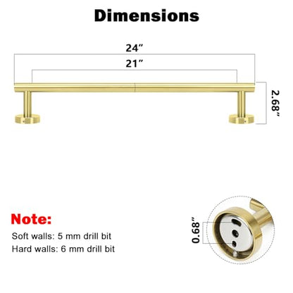 NearMoon Bath Towel Bar, Thicken Stainless Steel Shower Towel Rack Holder Wall Mounted for Bathroom, 24-lnch Overall Length-21-lnch Usable Hanging Space (1 Pack, Brushed Gold) - color: Brushed Gold, size: 24 Inch