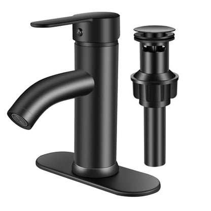 Bathroom Faucet 1 Hole, Black Vanity Faucet,Single Handle | for 1 Hole or 3 Hole Bathroom Sink, RV, Vanity,with Deck and Pop-up Drain Easy to Clean - color: Matte Black