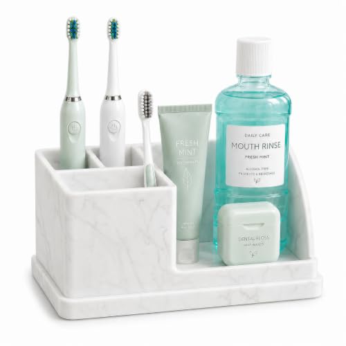 Silicone Bathroom Counter Organizer, Toothbrush Holder with Drainage Tray | 4 Slots Bathroom Countertop Storage Organizer Caddy, Toothpaste And Electric Tooth Brush Holder for Sink Vanity, White Marble - color: White Marble