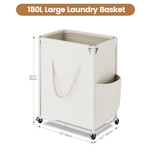 Homeiju 180L Large Laundry Hamper with Wheels, Rolling Laundry Basket with Metal Frame and Removable Bag Design, Dirty Clothes Laundry Cart for Bathroom, Dorm Room, Laundry Room, White - color: White