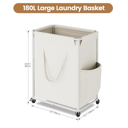 Homeiju 180L Large Laundry Hamper with Wheels, Rolling Laundry Basket with Metal Frame and Removable Bag Design, Dirty Clothes Laundry Cart for Bathroom, Dorm Room, Laundry Room, White - color: White