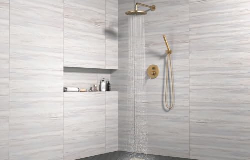 Lava Odoro Champagne Gold Rain Shower System Faucet Set, SF104-CB | 2-Setting Round Shower Valve Trim Kit, Gold Shower Head Set with Sprayer, 10 Inch, Rough-in Valve Included - color: Champagne Gold, style: Without Tub Spout