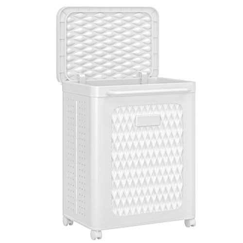 VECELO Rolling Storage Bins with Lid, Plastic Organizers Cart with Wheels & Handle, Foldable Storage Containers for Laundry, Bathroom, Bedroom, 19.3" x 13.8" x 25.0", Cool White - color: Cool White
