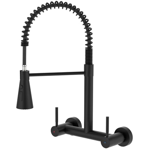Matte Black Wall Mount Kitchen Sink Faucet 2 Handles, 8 Inch Center Wall Commercial Utility Sink Faucet with Pull Out Sprayer 3 Modes, Stainless Steel - color: 2-Handle-Black, style: Wall Mount