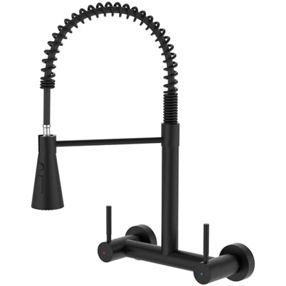 Matte Black Wall Mount Kitchen Sink Faucet 2 Handles, 8 Inch Center Wall Commercial Utility Sink Faucet with Pull Out Sprayer 3 Modes, Stainless Steel - color: 2-Handle-Black, style: Wall Mount