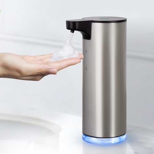 Automatic Soap Dispenser, Rechargeable Stainless Steel Foaming Soap Dispenser Touchless for Bathroom Auto Hand Soap Pump for Kitchen, Xmas Gift,9oz - color: Silver-black