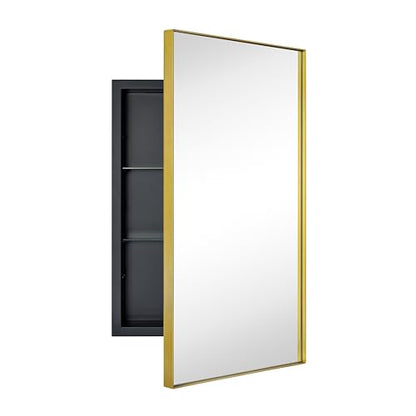TEHOME Recessed Mount 16x26'' Squared Rectangle Brushed Gold Bathroom Medicine Cabinet with Mirror Gold Metal Framed Rectanglular Medicine Cabinet 2 Adjustable Glass Shelves - color: Brushed Gold