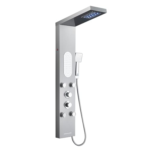 5-Function LED Shower Panel Tower System 4 Jets Stainless Steel | LED rain head | 4 massage jets | Body waterfall spray | Handheld shower | Tub spout | Brushed finish - color: Brushed Nickel