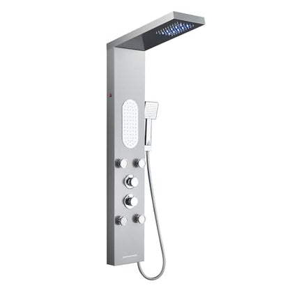 5-Function LED Shower Panel Tower System 4 Jets Stainless Steel | LED rain head | 4 massage jets | Body waterfall spray | Handheld shower | Tub spout | Brushed finish - color: Brushed Nickel