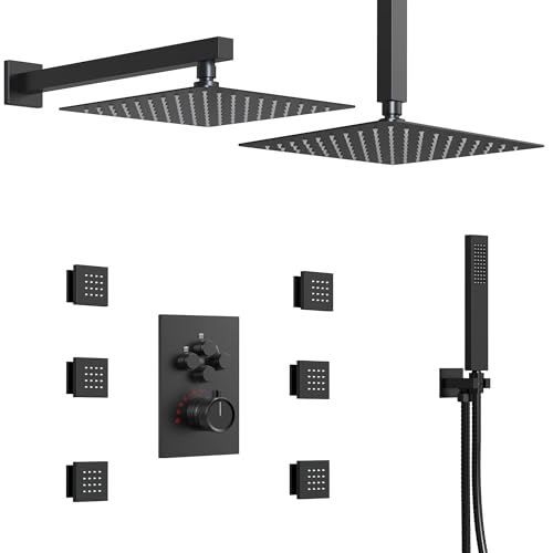 12" High-Pressure Rainfall Shower Faucet with Valve for Bathroom, Dual Rainfall Shower Head System with 6 Body Jets (Matte Black) | High-Pressure, Dual 12" Rainfall Shower Head System, 6 Body Jets, Rough in-Valve - color: Matte Black