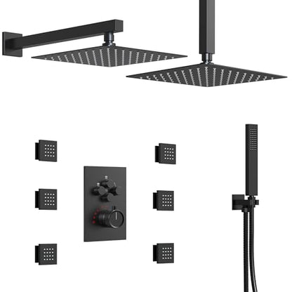 12" High-Pressure Rainfall Shower Faucet with Valve for Bathroom, Dual Rainfall Shower Head System with 6 Body Jets (Matte Black) | High-Pressure, Dual 12" Rainfall Shower Head System, 6 Body Jets, Rough in-Valve - color: Matte Black