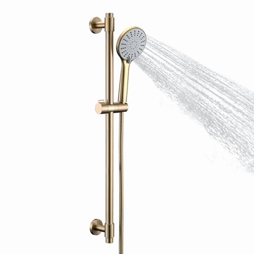 Adjustable 30-Inch Shower Slide Bar with 5-Function Handheld Shower Head, Stainless Steel Wall Mount Shower Slide Bar Set with Extra Hose (Brushed Gold) - color: Brushed Gold