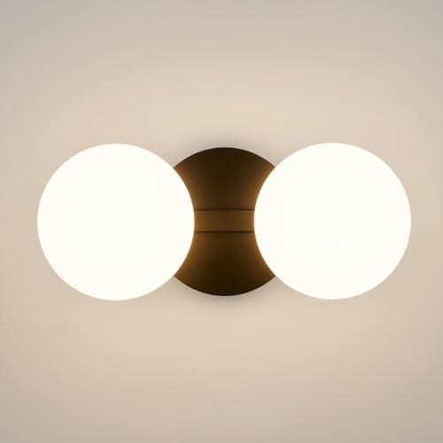 Black Globe Wall Sconce,Vanities Lights with 2 Milk Glass Shades | 6" Modern Spherical Vanity Sconces,Contemporary Small Brass Ball Lights Fixture for Entryway Bedside Bathroom,E26 Base - color: Black - Milk Glass, size: 2-Light