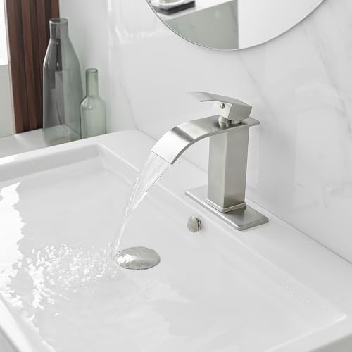 Bathroom Sink Faucet Waterfall Single Handle with Deck Plate | Brushed Nickel,Pop Up Drain,Single Hole,Precise Water Adjustment,Rust-resistant Construction,Easy to Clean,Long-lasting Use - color: Brushed Nickel, size: Modern Bathroom Sink Faucet