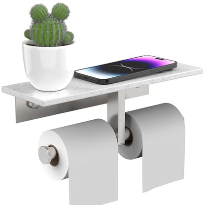 BWE Double Toilet Paper Holder with Shelf Wall Mounted Tissue Roll Holder | Commercial Toilet Paper Dispenser for Bathroom Marble Toilet Paper Storage Holder with Phone Shelf (Brushed Nickel) - color: Double Brushed Nickel