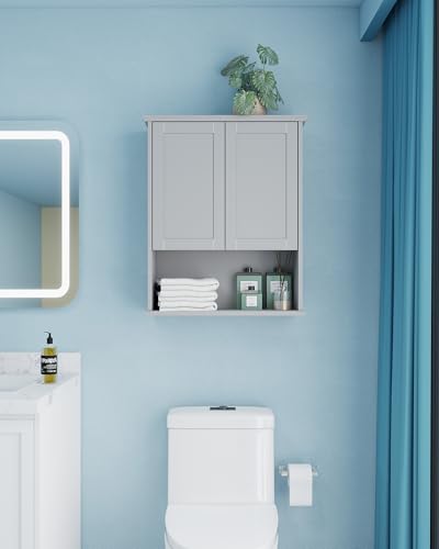 Bathroom Cabinet Wall Mount Buffering Hinge,23"x29" inch Over Toilet Storage Cabinet and Adjustable Shelves, Large Space Wooden Medicine Cabinet (Light Gray) - color: Light Gray, size: 23x29