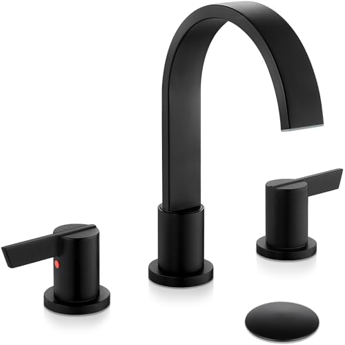 Midanya 8 Inch Widespread Bathroom Sink Faucet 3 Hole,Matte Black | Waterfall Swivel Spout,2 Handle,SUS304,with Pop Up Drain,cUPC 24" Water Hose,for 6-16” hole distance vanity,RV,Farmhouse Sink - color: Black