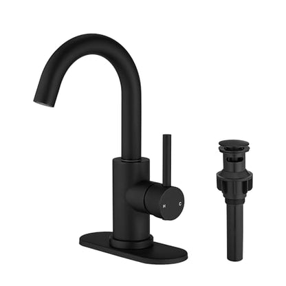 Black Bathroom Faucet 1 Hole,Wet Bar Sink Faucet with Pop-Up Drain,Stainless Steel Single Handle Small Kitchen Faucet with 4 in Deck Plate,360°Swivel Faucet for Farmhouse Vanity Sink Lavatory and RV - color: Black, style: Rotatable
