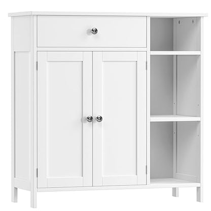 Keehusux White Cabinet with Large Drawer, Floor Bathroom Storage Cabinet with Doors & Adjustable Shelves, Modern Storage Cupboard with 3 Open Space for Living Room, Entryway, Dining Room