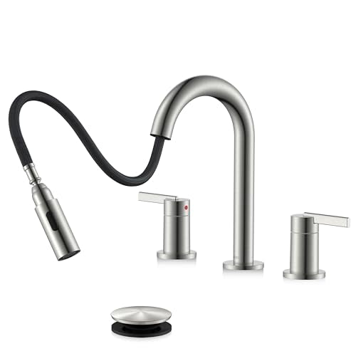 Brushed Nickel Pull Down Widespread Bathroom Faucet 2 Handle 3 Hole | Pull Out Bathroom Faucet with Pop Up Drain & Supply Lines, Lead-Free cUPC & NSF Certified, 8 Inch Faucet for Vanity RV Sink - color: Brushed Nickel