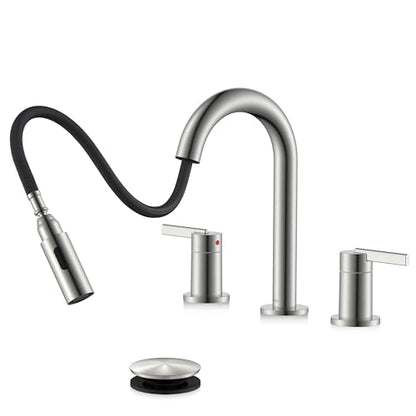 Brushed Nickel Pull Down Widespread Bathroom Faucet 2 Handle 3 Hole | Pull Out Bathroom Faucet with Pop Up Drain & Supply Lines, Lead-Free cUPC & NSF Certified, 8 Inch Faucet for Vanity RV Sink - color: Brushed Nickel