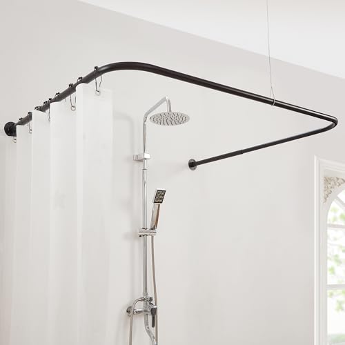 U Shaped Shower Curtain Rod, [Both Sides: 24"-52", Middle: 31"-47"] Adjustable U Shape Outdoor Corner Curtain Pole for Bathroom Bathtub with 12 Hooks & Ceiling Support - Matte Black - color: Matte Black