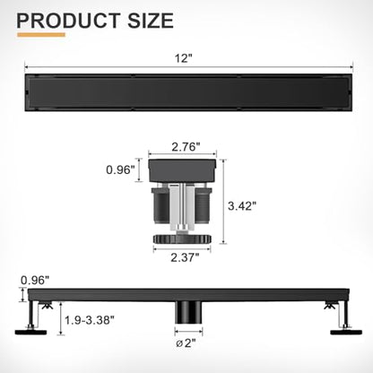Linear Shower Drain - 12 Inch Matte Black, with Tile Insert Panels | AISI 304 Stainless Steel Shower Drain with Adjustable Feet, Hair Catcher, Rectangle Shower Floor Drain Fits Bathroom, Balcony - color: Matte Black, size: 12 Inch