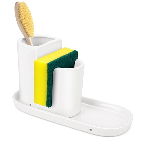 Ceramic Kitchen Sink Organizer Sponge Holder and Dish Brush Holder and Soap Tray for Kitchen Sink Organizer, White - color: White