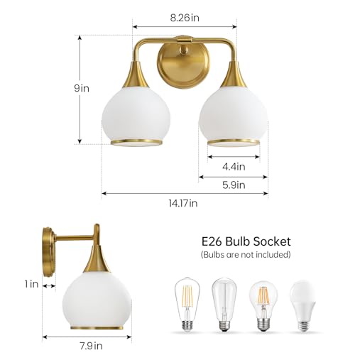 Brushed Gold Bathroom Light Fixtures 2-Lights Vanity Lights with Milky White Frosted Glass Shade Bathroom Vanity Light 14 inch Wall Sconce Lighting Bath(Exclude E26 Bulb) - color: Gold & Milky White, size: 2 Light