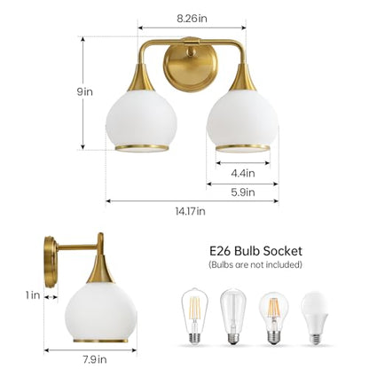 Brushed Gold Bathroom Light Fixtures 2-Lights Vanity Lights with Milky White Frosted Glass Shade Bathroom Vanity Light 14 inch Wall Sconce Lighting Bath(Exclude E26 Bulb) - color: Gold & Milky White, size: 2 Light