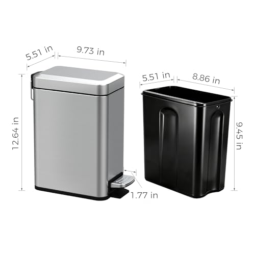 Sineng Bathroom Trash Can with Lid Soft Close, 1.6 Gallon Stainless Steel Small Pedal Garbage Can with Removable Inner Bucket, Waste Bin for Kitchen Bedroom, Compact Toilet Trash bin - color: stainless steel